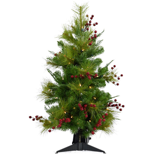 Christmas Time -  3-Ft. Red Berry Mixed Pine Artificial Tree with Battery-Operated LED String Lights