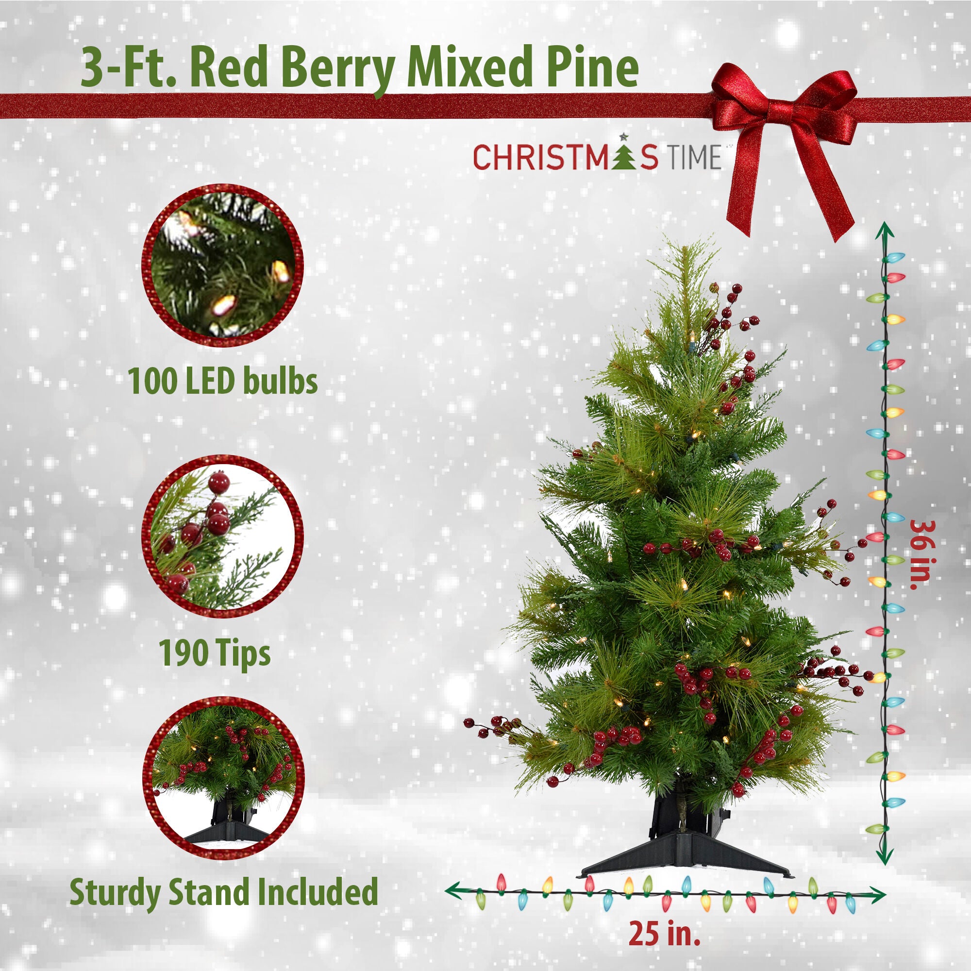 Christmas Time -  3-Ft. Red Berry Mixed Pine Artificial Tree with Battery-Operated LED String Lights
