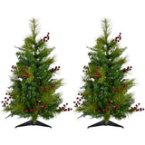 Christmas Time -  Set of Two 3-Ft. Red Berry Mixed Pine Artificial Trees with Battery-Operated Multi-Colored LED String Lights