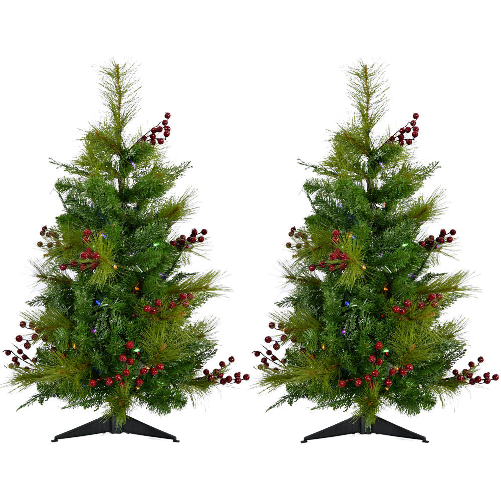 Christmas Time -  Set of Two 4-Ft. Red Berry Mixed Pine Artificial Trees with Multi-Colored LED String Lights