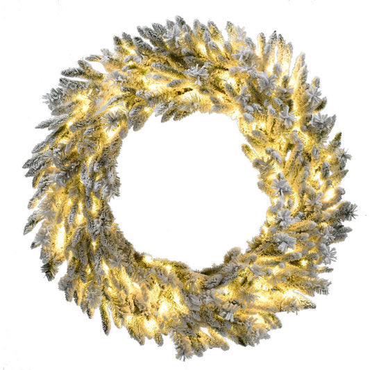 Christmas Time -  36-inch Silverado Pine White Flocked Wreath with Attached Pinecones and Warm White LED Lights