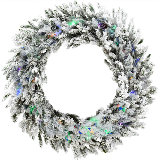Christmas Time -  36-inch Silverado Pine White Flocked Wreath with Attached Pinecones and Multi-Color LED Lights