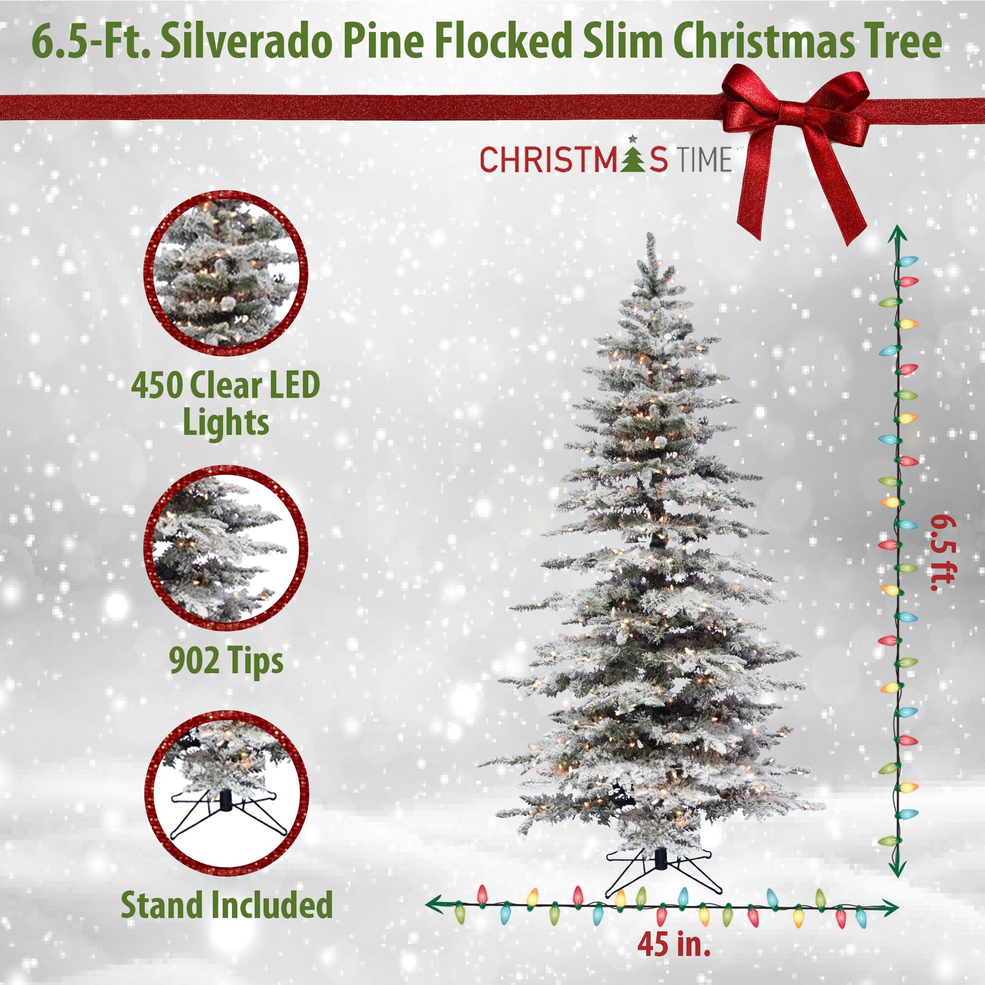 Christmas Time -  6.5-Ft Silverado Pine White Flocked Slim Christmas Tree with EZ Connect Clear Smart Lights