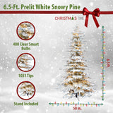 Christmas Time -  6.5-Ft. White Pine Snowy Artificial Christmas Tree with Clear Smart String Lighting