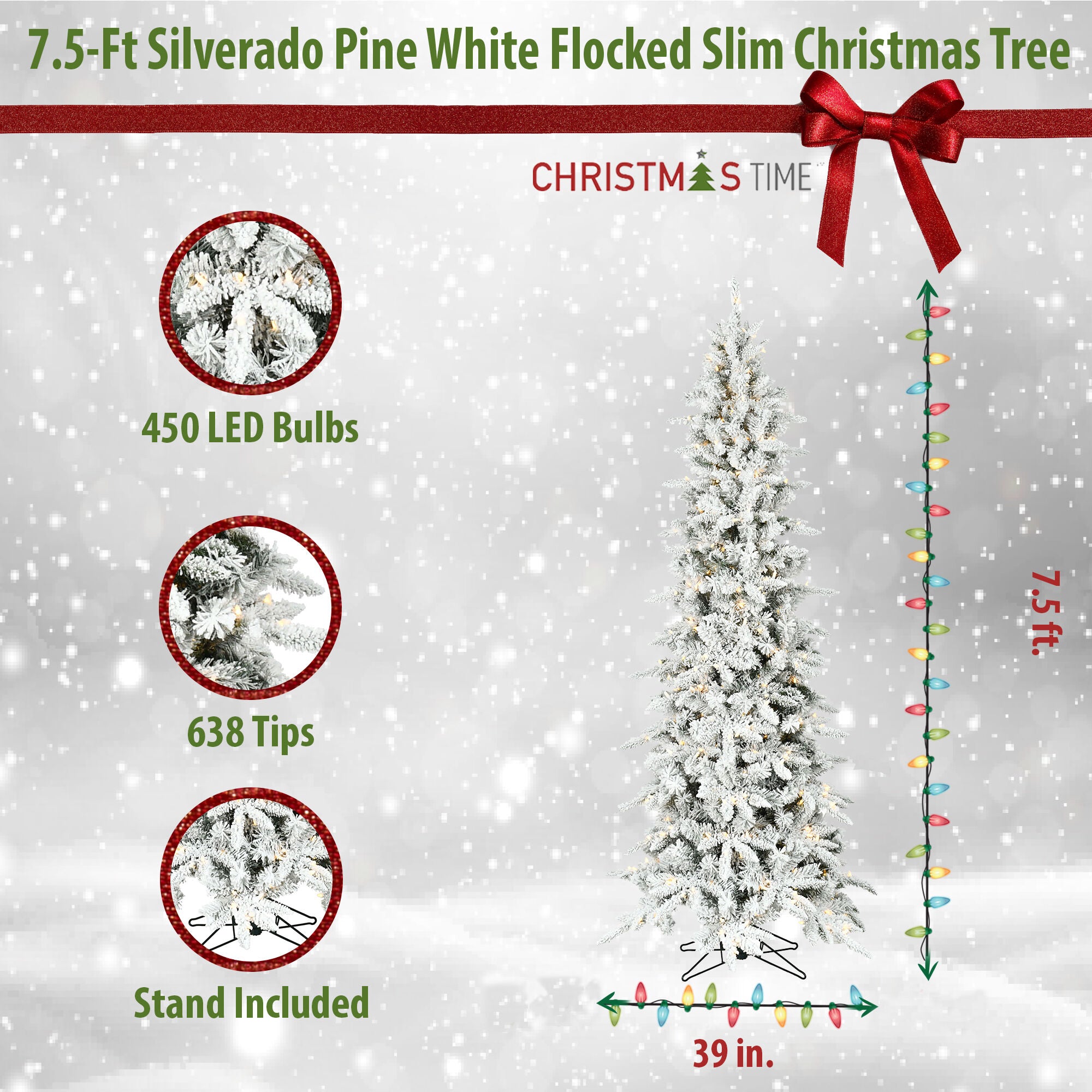 Christmas Time -  6.5-Ft. Slim White Pine Flocked Christmas Tree with LED String Lights