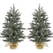 Christmas Time -  Set of Two 3-Ft. Yardville Pine Artificial Porch Trees with Rustic Burlap Bases and LED String Lights
