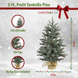 Christmas Time -  Set of Two 3-Ft. Yardville Pine Artificial Porch Trees with Rustic Burlap Bases and LED String Lights