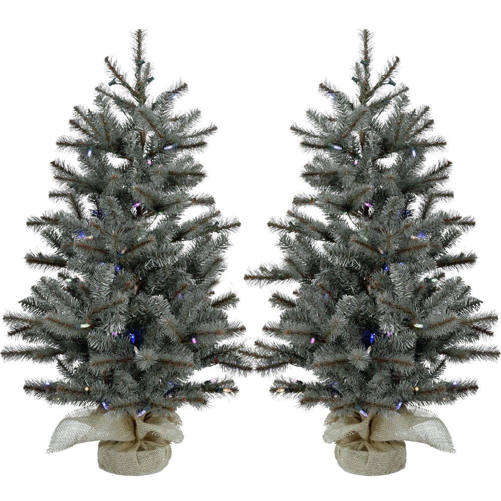 Christmas Time -  Set of Two 3-Ft. Yardville Pine Artificial Porch Trees with Rustic Burlap Bases and Multi-Colored LED String Lights