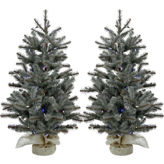Christmas Time -  Set of Two 3-Ft. Yardville Pine Artificial Porch Trees with Rustic Burlap Bases and Multi-Colored LED String Lights