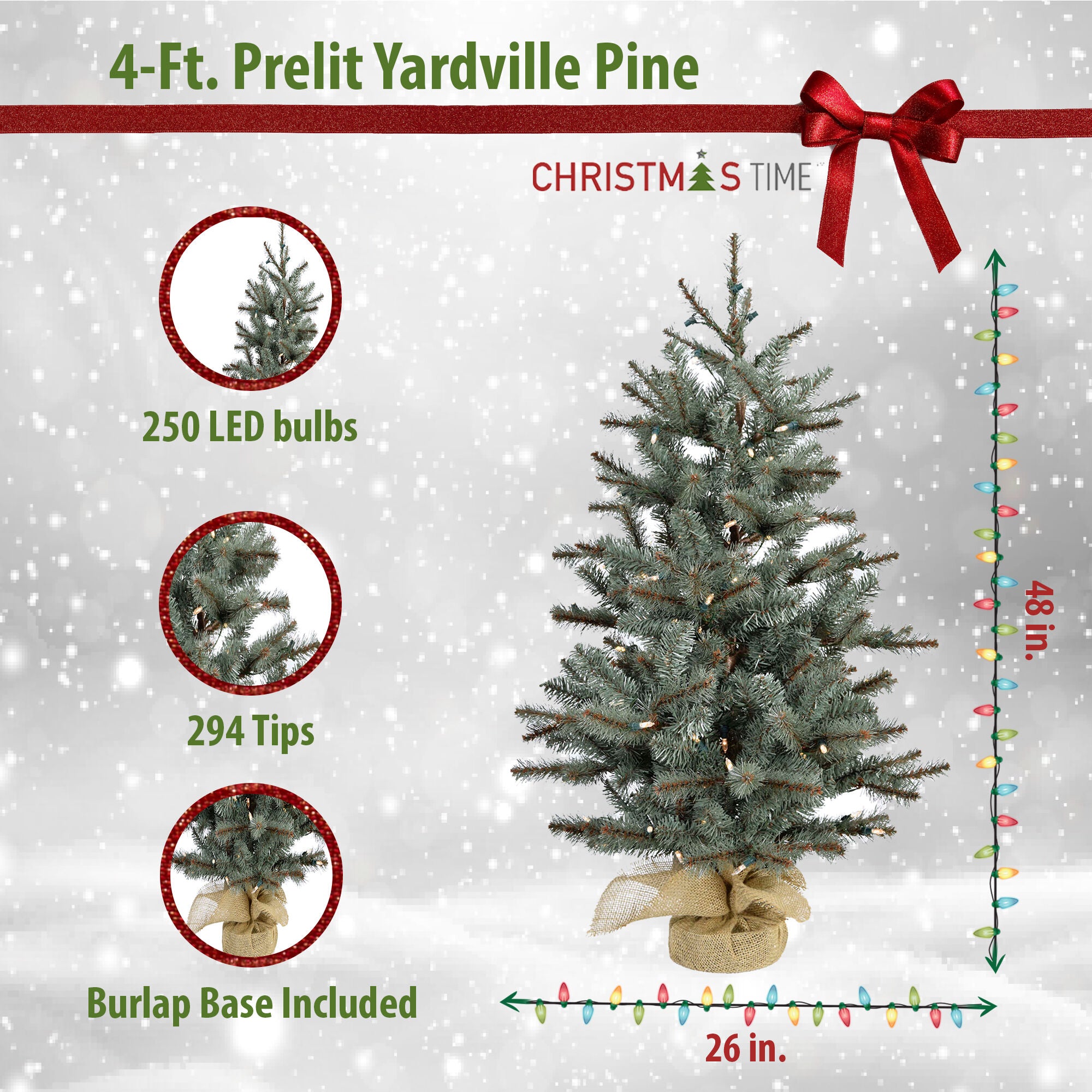 Christmas Time -  4-Ft. Yardville Pine Artificial Porch Tree with Rustic Burlap Base and Multi-Colored LED String Lights