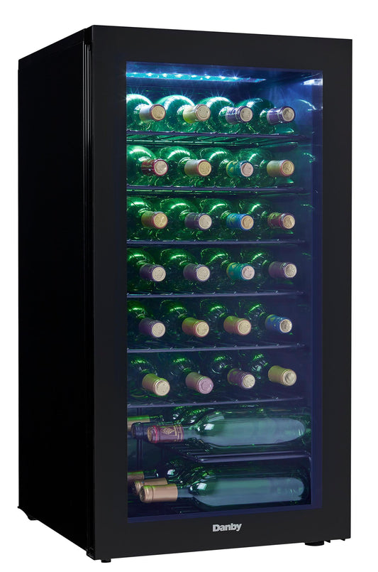 Danby Wine Cellars Danby - 36 Bottle Wine Cooler, Interior Blue LED Lighting, Wire Shelves