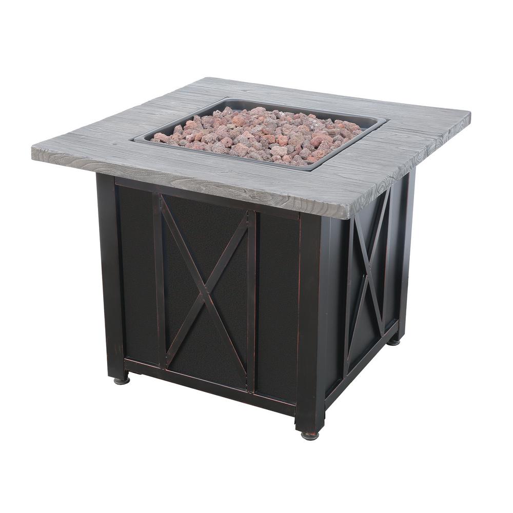 Endless Summer Fire Pit 30 in. W Square Wood Look Resin Mantel LP Gas Fire Pit with Integrated Electronic Ignition, Lava Rock and Included Cover