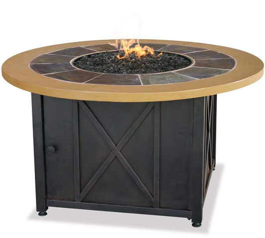 Endless Summer Fire Pit LP Gas Outdoor Fire Pit with 43-in. Round Slate and Faux Wood Mantel