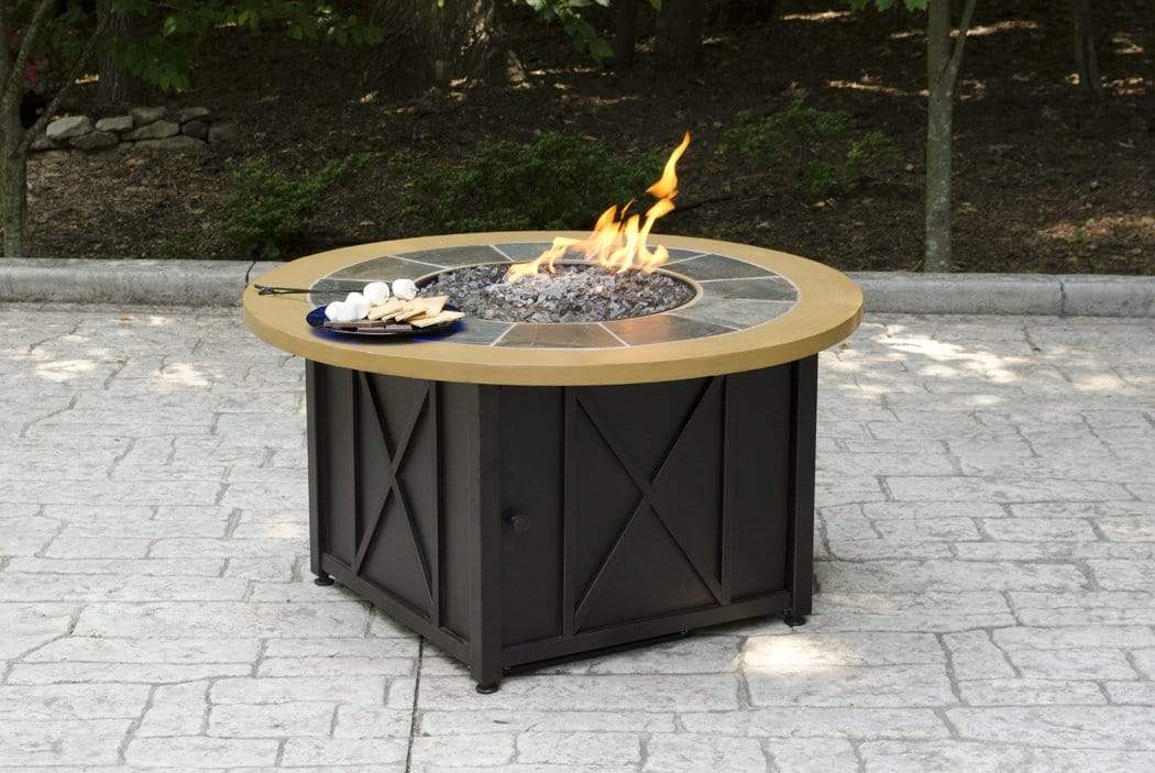 Endless Summer Fire Pit LP Gas Outdoor Fire Pit with 43-in. Round Slate and Faux Wood Mantel
