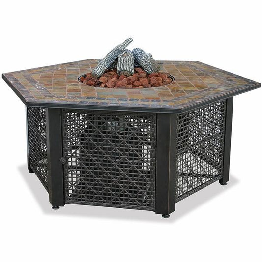 Endless Summer Fire Pit LP Gas Outdoor Fire Pit with 55-in. Hexagon Slate Tile Mantel