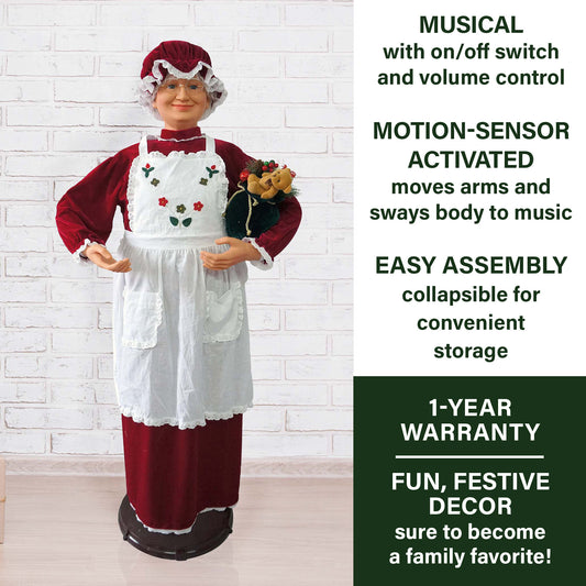 Fraser Hill Farm -  58-In. Dancing Mrs. Claus with Apron, Life-Size Motion-Activated Christmas Animatronic