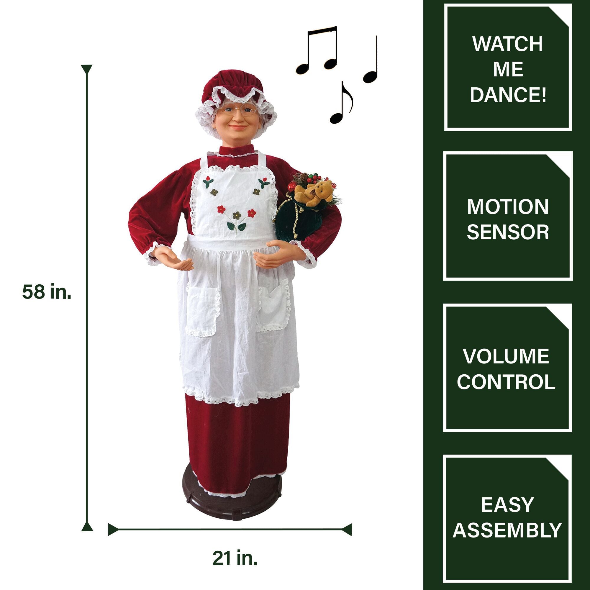 Fraser Hill Farm -  58-In. Dancing Mrs. Claus with Apron, Life-Size Motion-Activated Christmas Animatronic