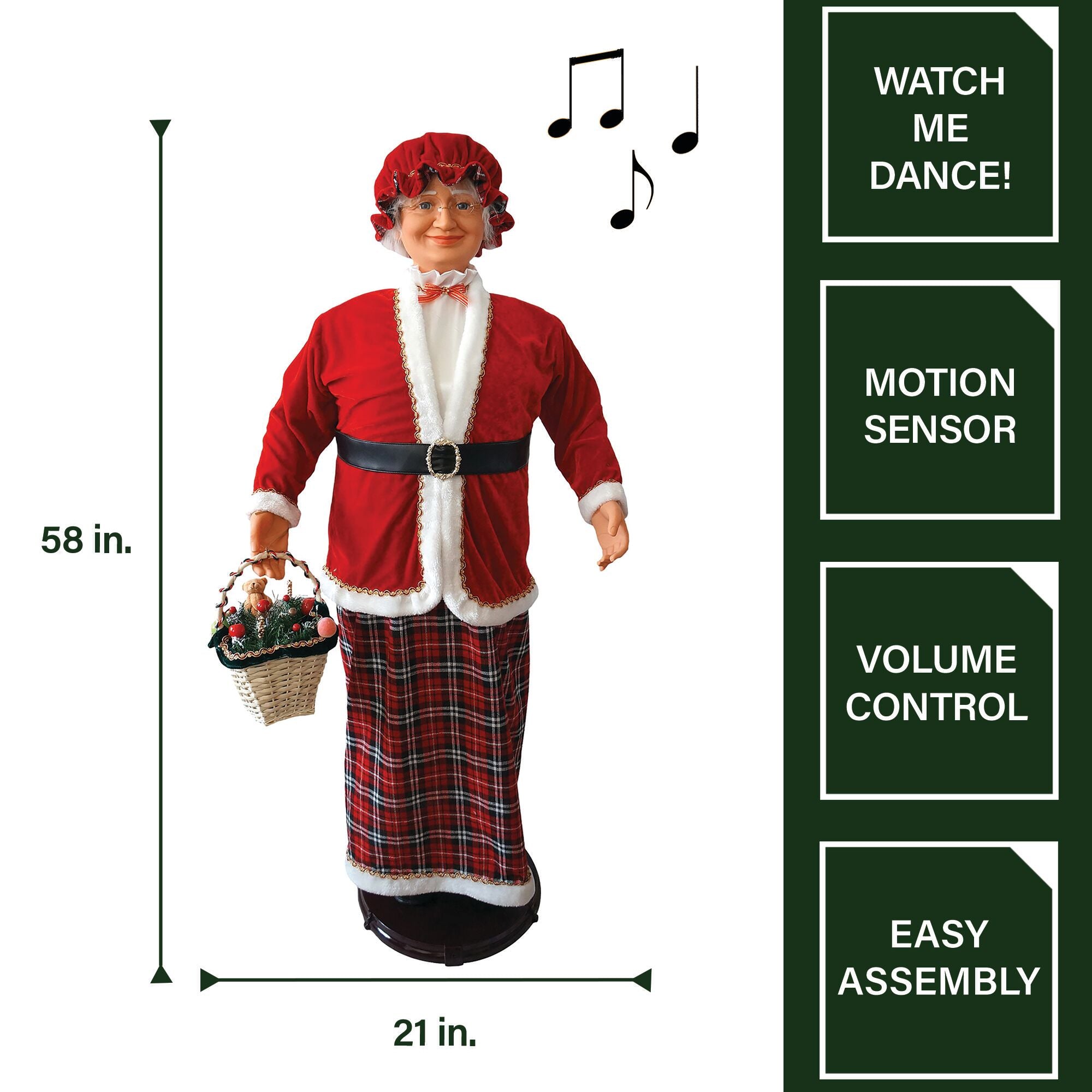 Fraser Hill Farm -  58-In. Dancing Mrs. Claus with Festive Basket, Life-Size Motion-Activated Christmas Animatronic