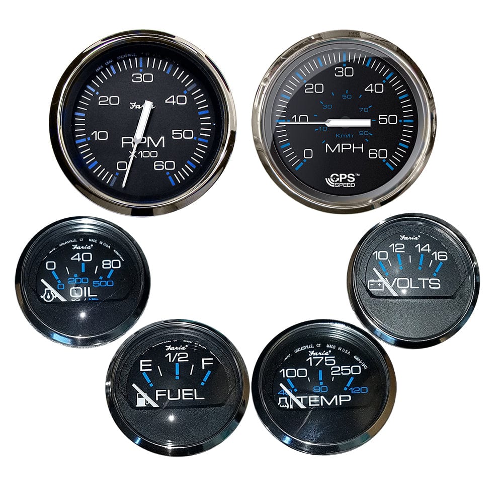 Faria Beede Instruments Gauges Faria Chesapeake Black w/Stainless Steel Bezel Boxed Set of 6 - Speed, Tach, Fuel Level, Voltmeter, Water Temperature  Oil PSI - Inboard Motors [KTF064]