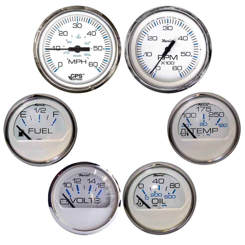 Faria Beede Instruments Gauges Faria Chesapeake White w/Stainless Steel Bezel Boxed Set of 6 - Speed, Tach, Fuel Level, Voltmeter, Water Temperature  Oil PSI - Inboard Motors [KTF063]