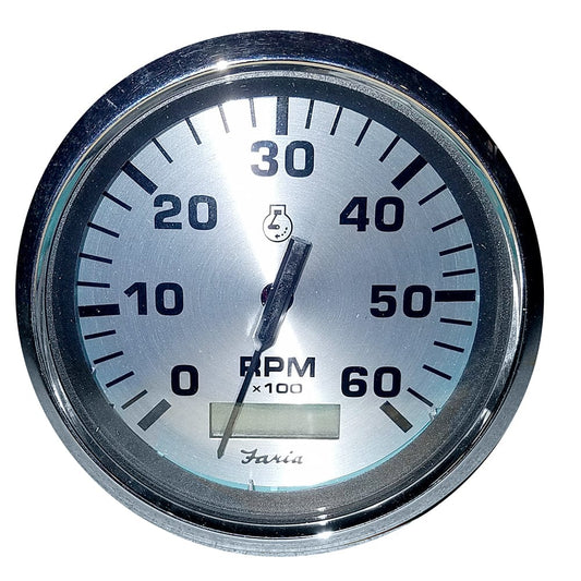 Faria Beede Instruments Gauges Faria Spun Silver 4" Tachometer w/Hourmeter (6000 RPM) (Gas Inboard) [36032]