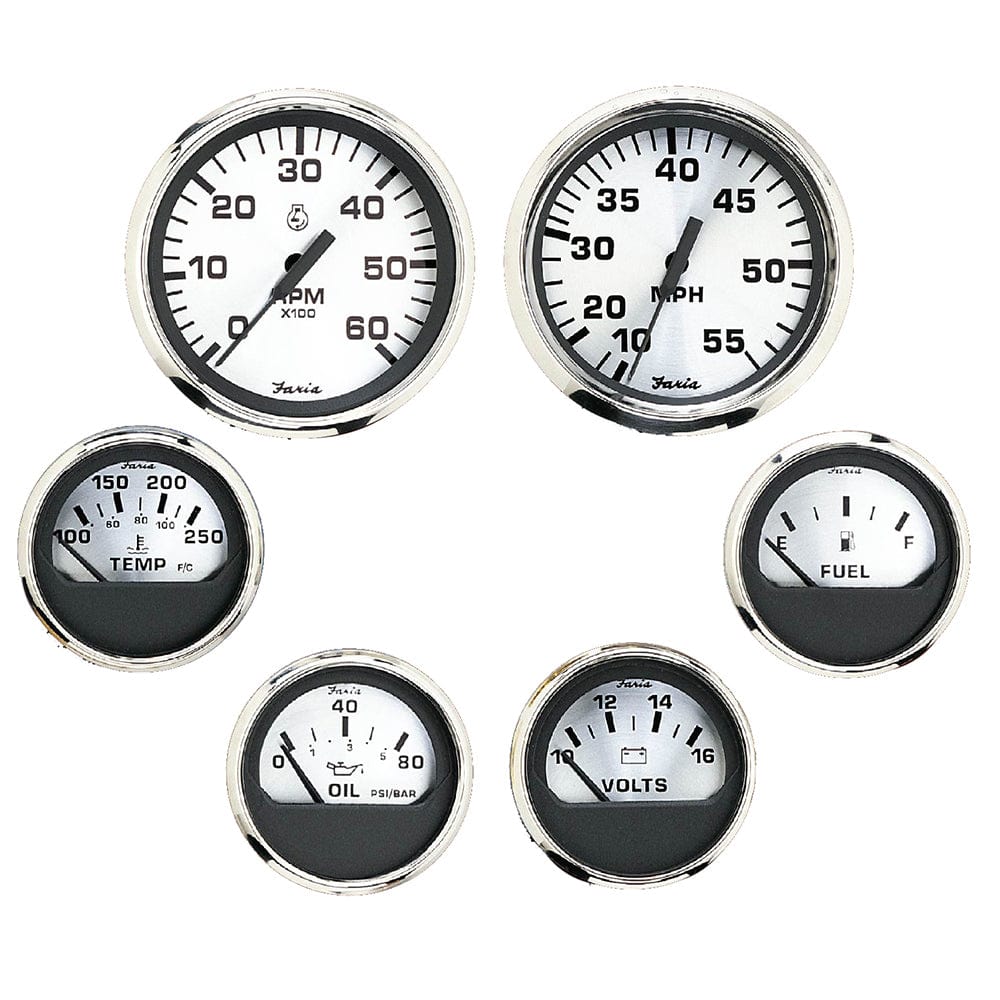Faria Beede Instruments Gauges Faria Spun Silver Box Set of 6 Gauges f/ Inboard Engines - Speed, Tach, Voltmeter, Fuel Level, Water Temperature  Oil [KTF0184]