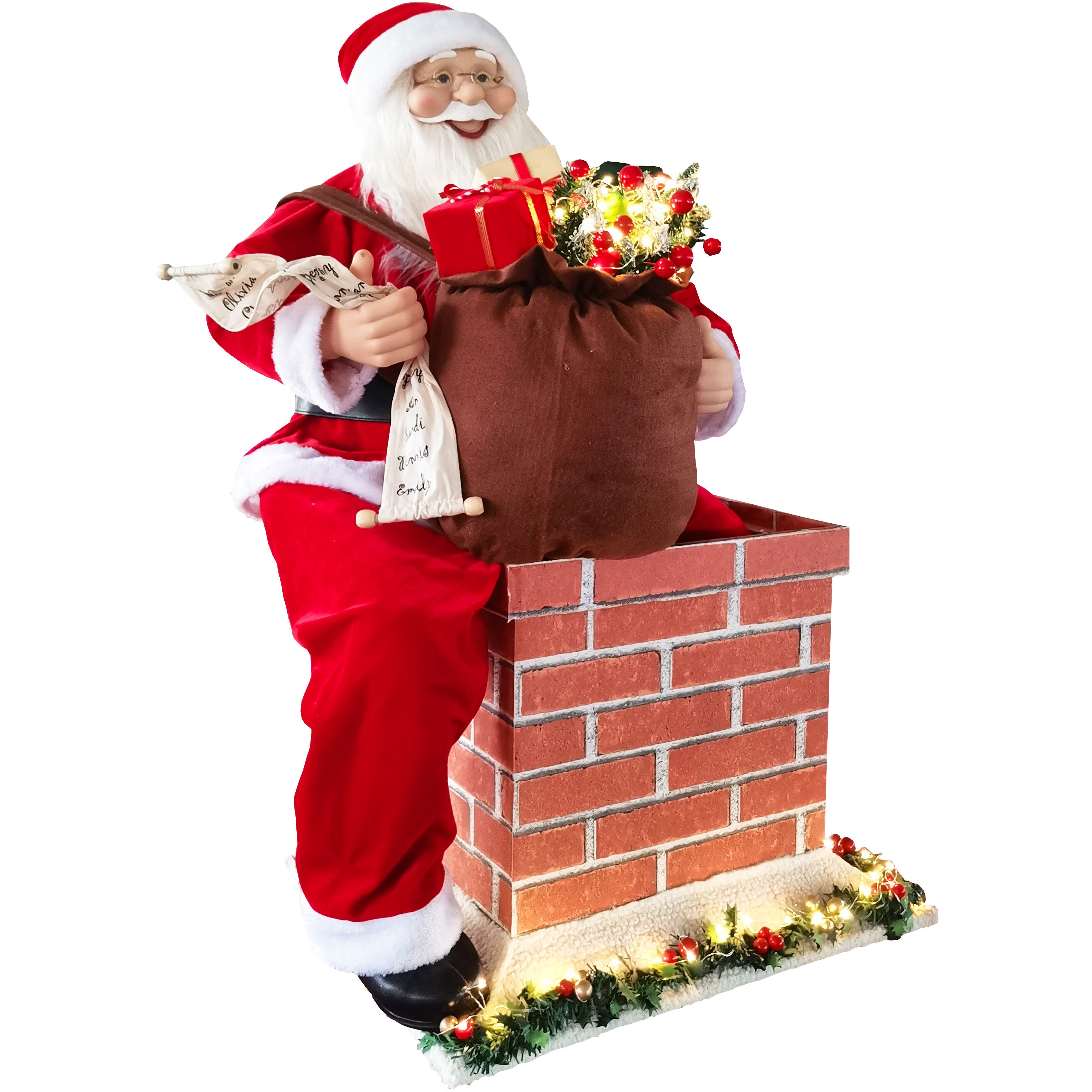 Fraser Hill Farm - 48-In. Life-Size Santa in Chimney with Toy Sack and Lights, Motion-Activated Christmas Animatronic