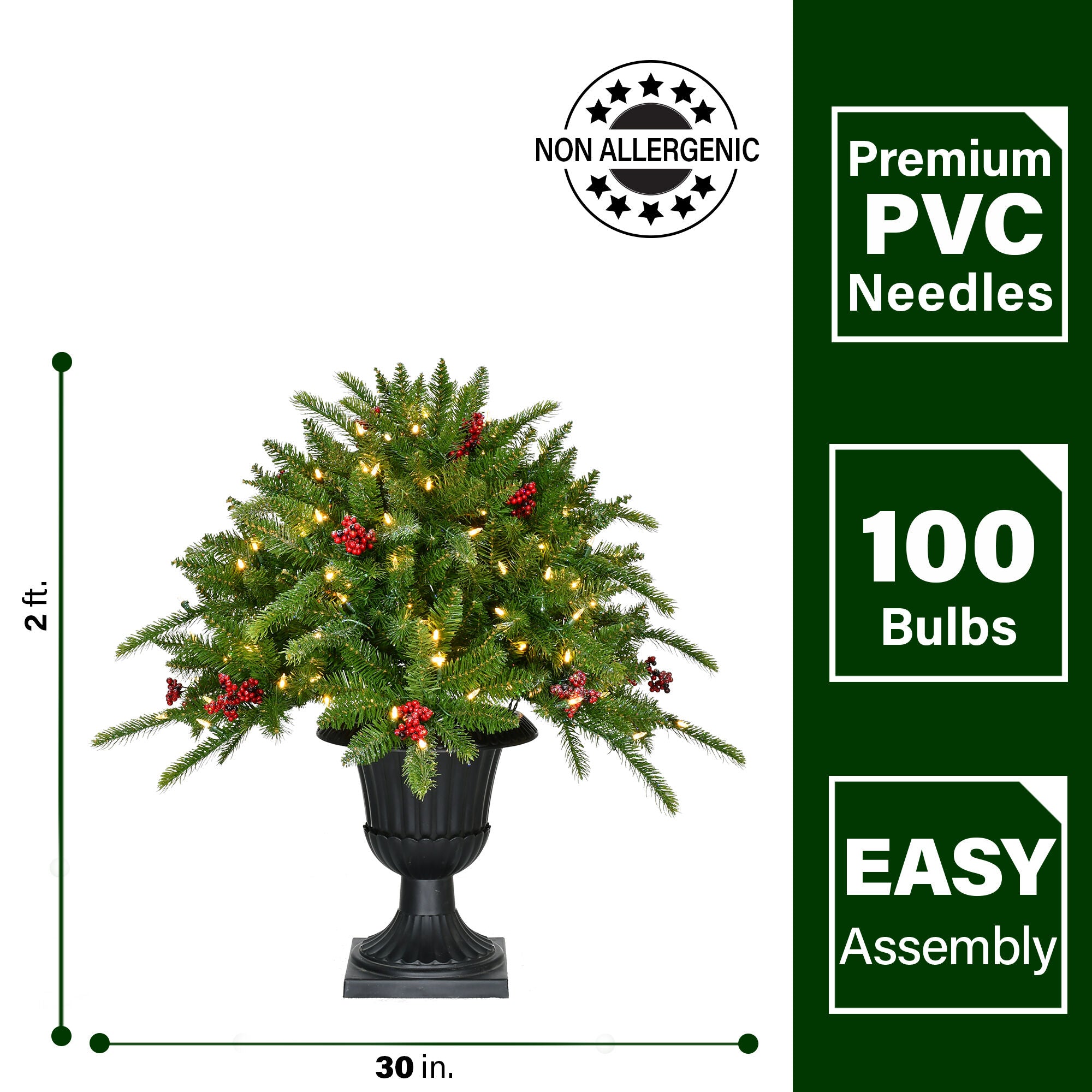 Fraser Hill Farm -  2-Ft. Porch Tree in Black Pot with Red Berries and Warm White Lights