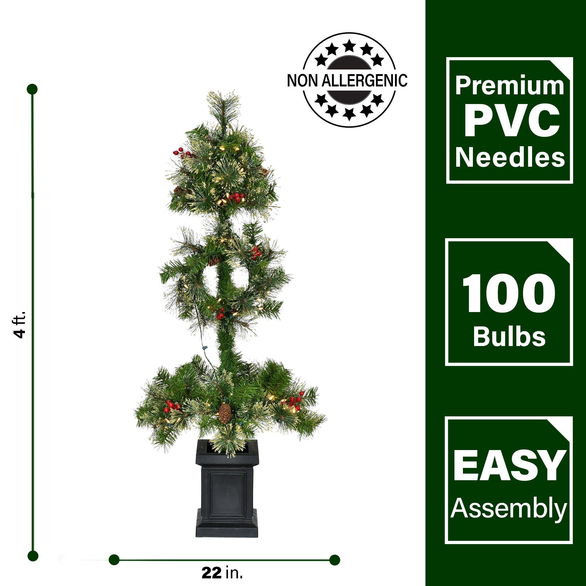 Fraser Hill Farm -  4-Ft. Porch Tree Topiary in Black Pot with Pinecones, Berries, and Warm White LED Lights
