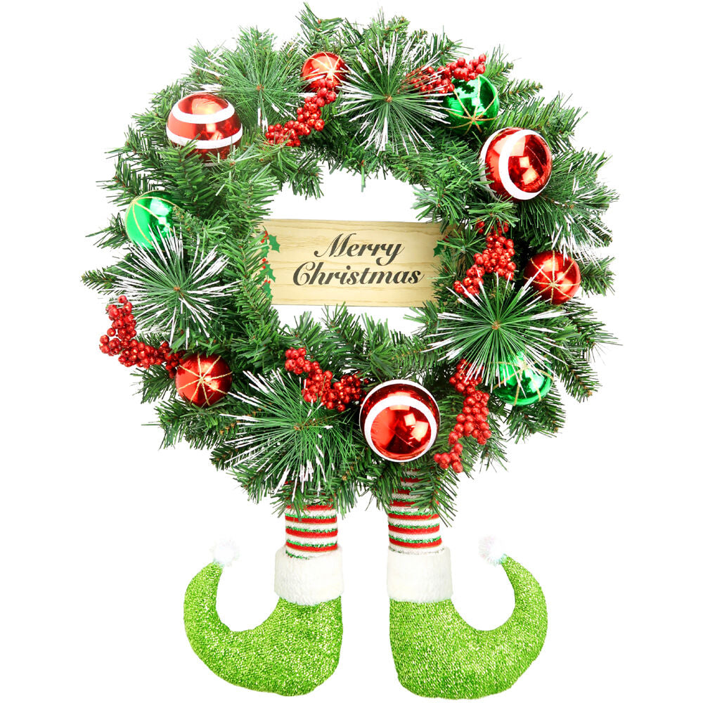 Fraser Hill Farm - 24-Inch Elf Boots Pine Wreath with Berries, Balls, and Merry Christmas Sign