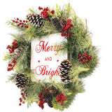 Fraser Hill Farm - 26-Inch Frosted Wreath with Pinecones, Red Berries, and Merry Christmas Sign