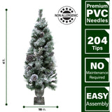 Fraser Hill Farm -  4-Ft. Christmas Snow Flocked Porch Tree with Oversized Pinecones in Ornamental Pot