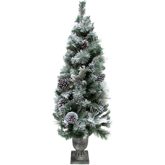 Fraser Hill Farm -  4-Ft. Christmas Snow Flocked Porch Tree with Oversized Pinecones in Ornamental Pot