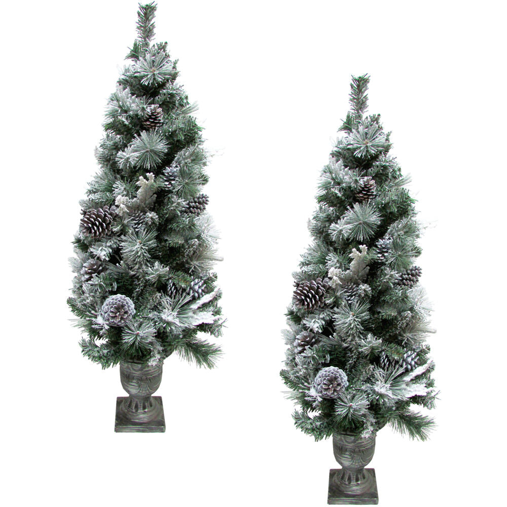 Fraser Hill Farm -  4-Ft. Christmas Snow Flocked Porch Trees with Oversized Pinecones, Set of 2