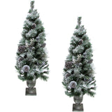 Fraser Hill Farm -  4-Ft. Christmas Snow Flocked Porch Trees with Oversized Pinecones, Set of 2