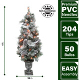Fraser Hill Farm -  4-Ft. Prelit Christmas Snow Flocked Porch Tree with Oversized Pinecones
