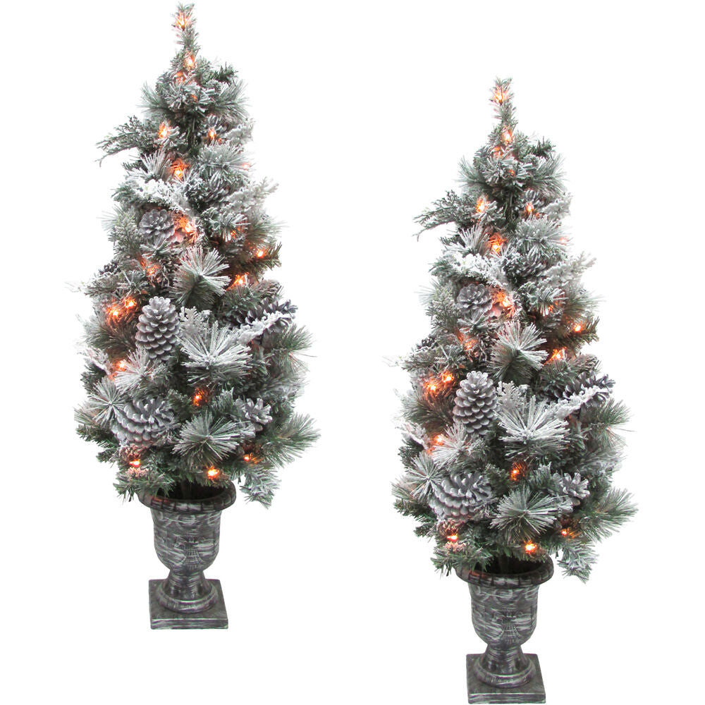 Fraser Hill Farm -  4-Ft. Christmas Pre Lit Snow Flocked Porch Trees with Oversized Pinecones, Set of 2
