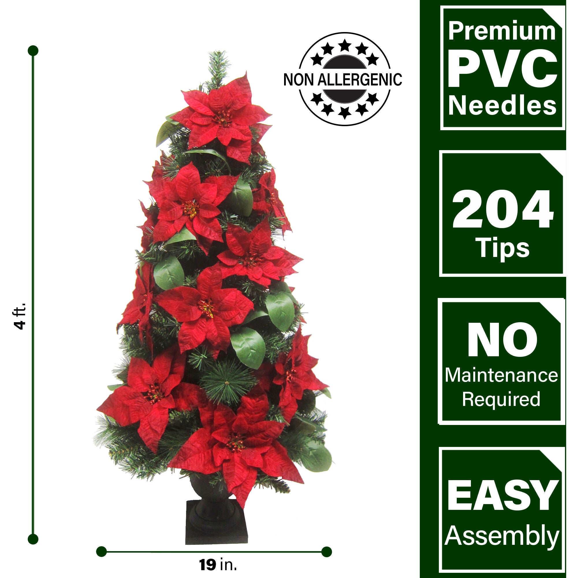 Fraser Hill Farm -  4-Ft. Christmas Porch Trees, Velvet Poinsettia Blooms and Leaf Accents, Set of 2