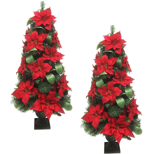 Fraser Hill Farm -  4-Ft. Christmas Porch Trees, Velvet Poinsettia Blooms and Leaf Accents, Set of 2