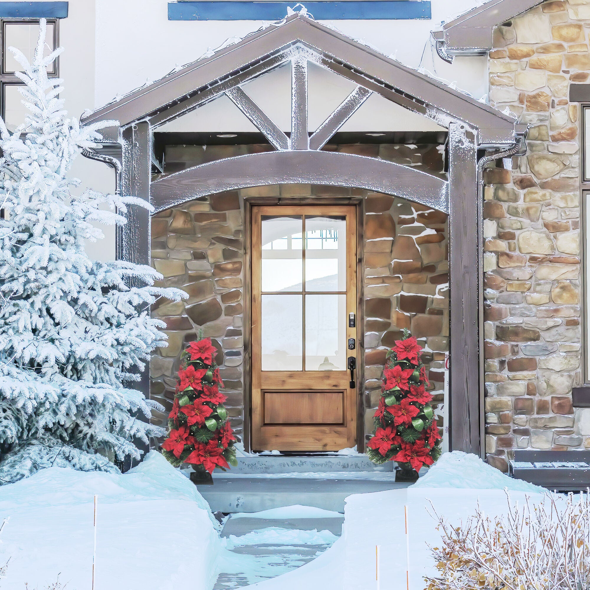 Fraser Hill Farm -  4-Ft. Pre Lit Christmas Porch Tree with Velvet Poinsettia Blooms and Leaf Accents