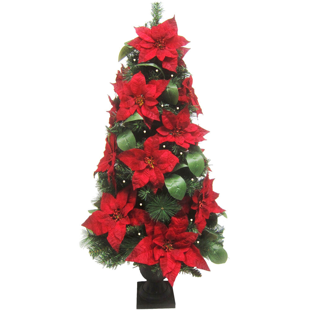 Fraser Hill Farm -  4-Ft. Pre Lit Christmas Porch Tree with Velvet Poinsettia Blooms and Leaf Accents