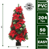 Fraser Hill Farm -  4-Ft. Pre Lit Christmas Porch Tree with Velvet Poinsettia Blooms and Leaf Accents
