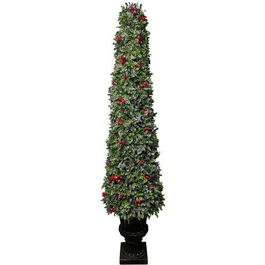 Fraser Hill Farm -  4-Ft. Faux Boxwood Christmas Porch Tree with Red Berries in Ornamental Pot