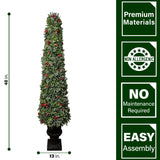 Fraser Hill Farm -  4-Ft. Faux Boxwood Christmas Porch Tree with Red Berries in Ornamental Pot