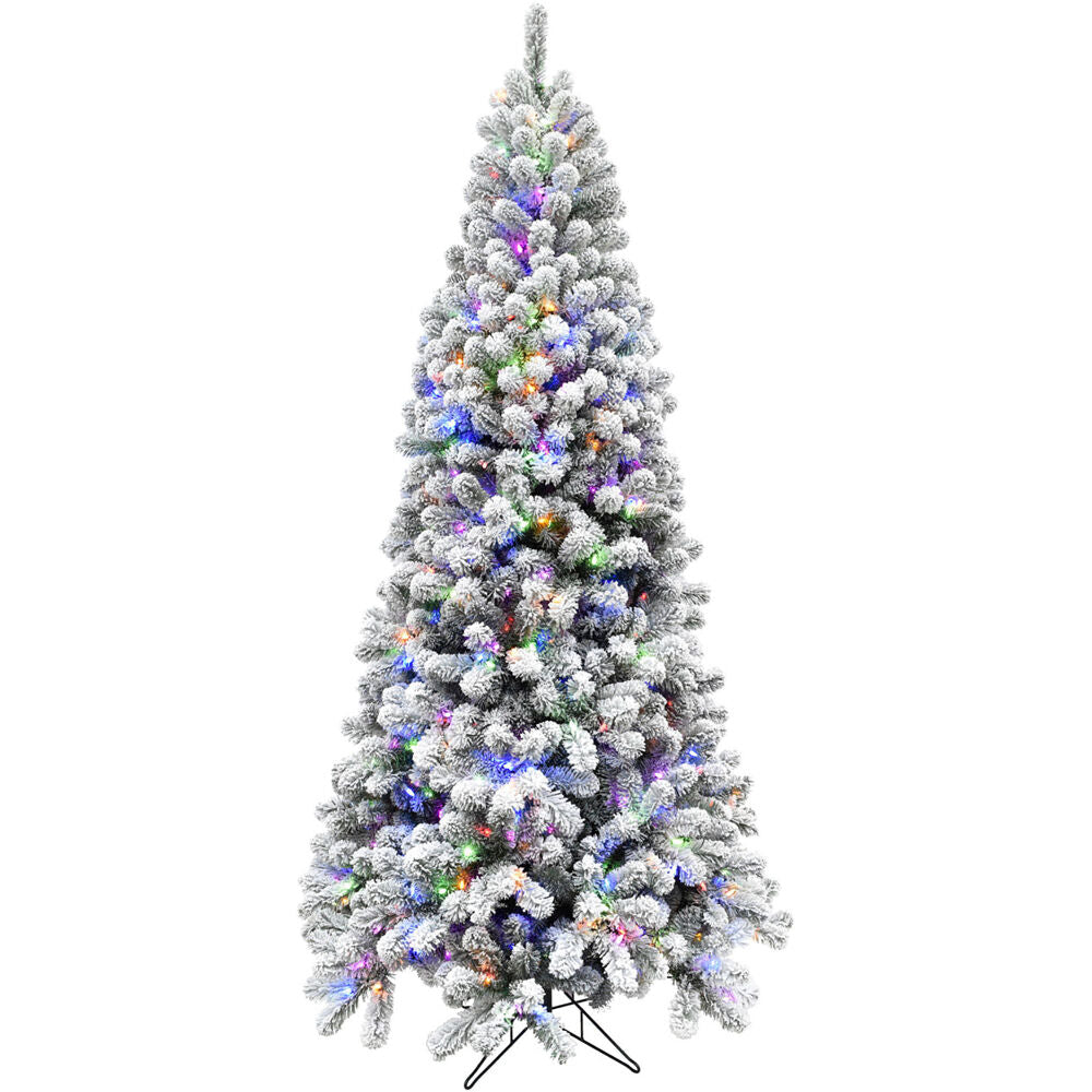 Fraser Hill Farm -  12-Ft. Flocked Alaskan Pine Christmas Tree with Multi-Color LED String Lighting