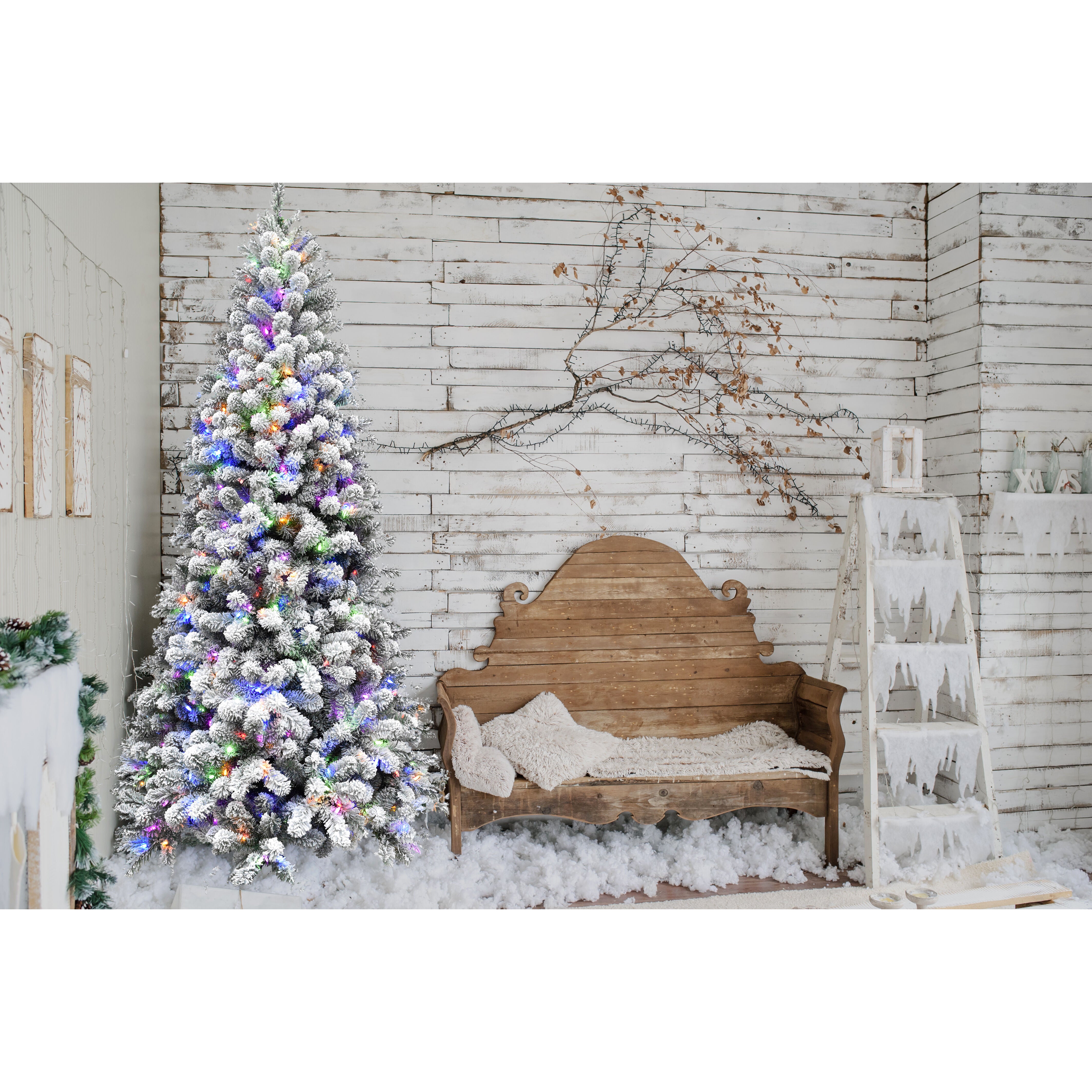 Fraser Hill Farm -  7.5-Ft. Flocked Alaskan Pine Christmas Tree with Multi-Color LED String Lighting