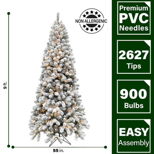 Fraser Hill Farm -  9-Ft. Flocked Alaskan Pine Christmas Tree with Warm White LED String Lighting