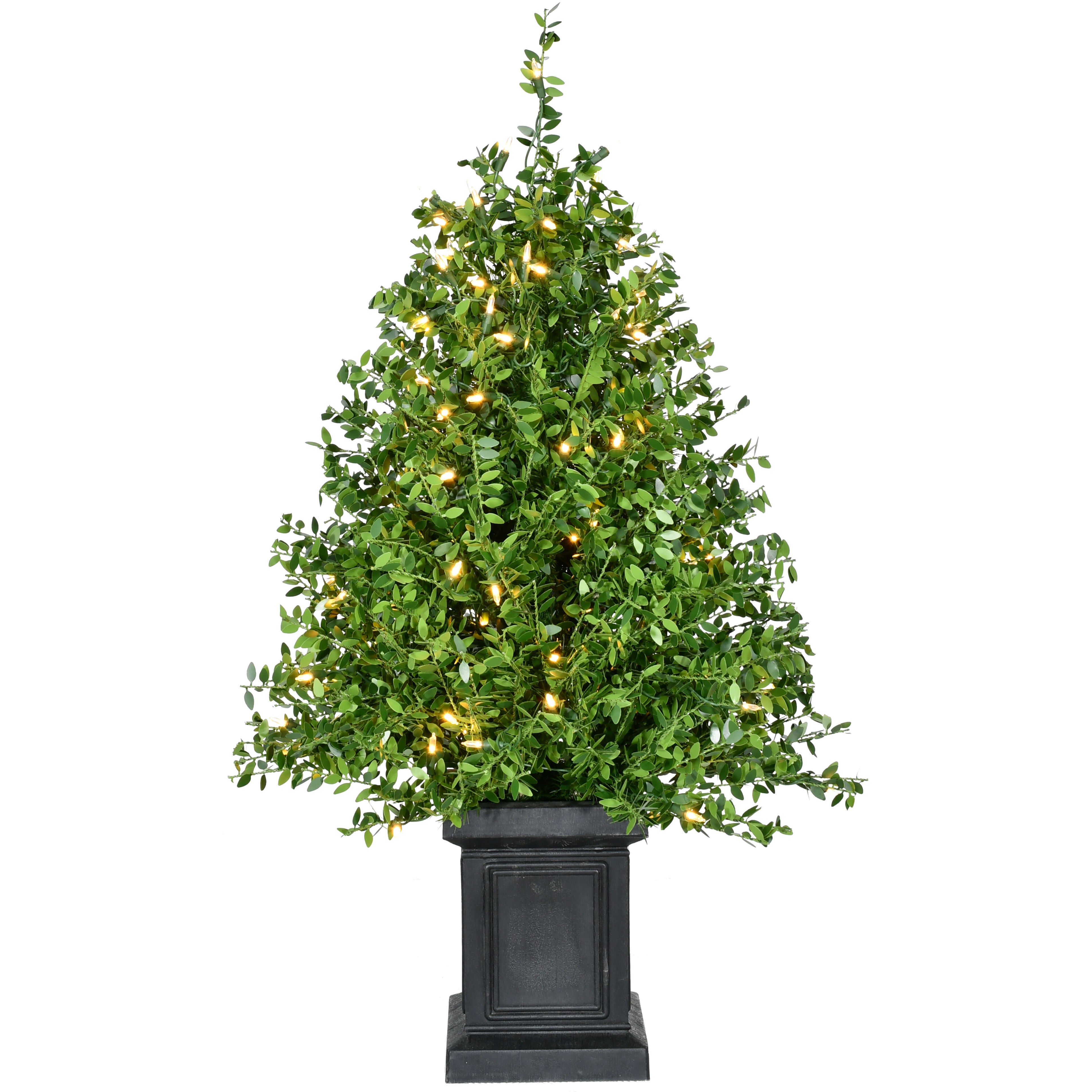 Fraser Hill Farm -  3-Ft. Boxwood Porch Tree in Black Pot with Warm White Lights, Set of 2
