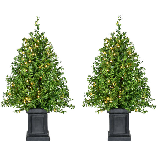 Fraser Hill Farm -  3-Ft. Boxwood Porch Tree in Black Pot with Warm White Lights, Set of 2