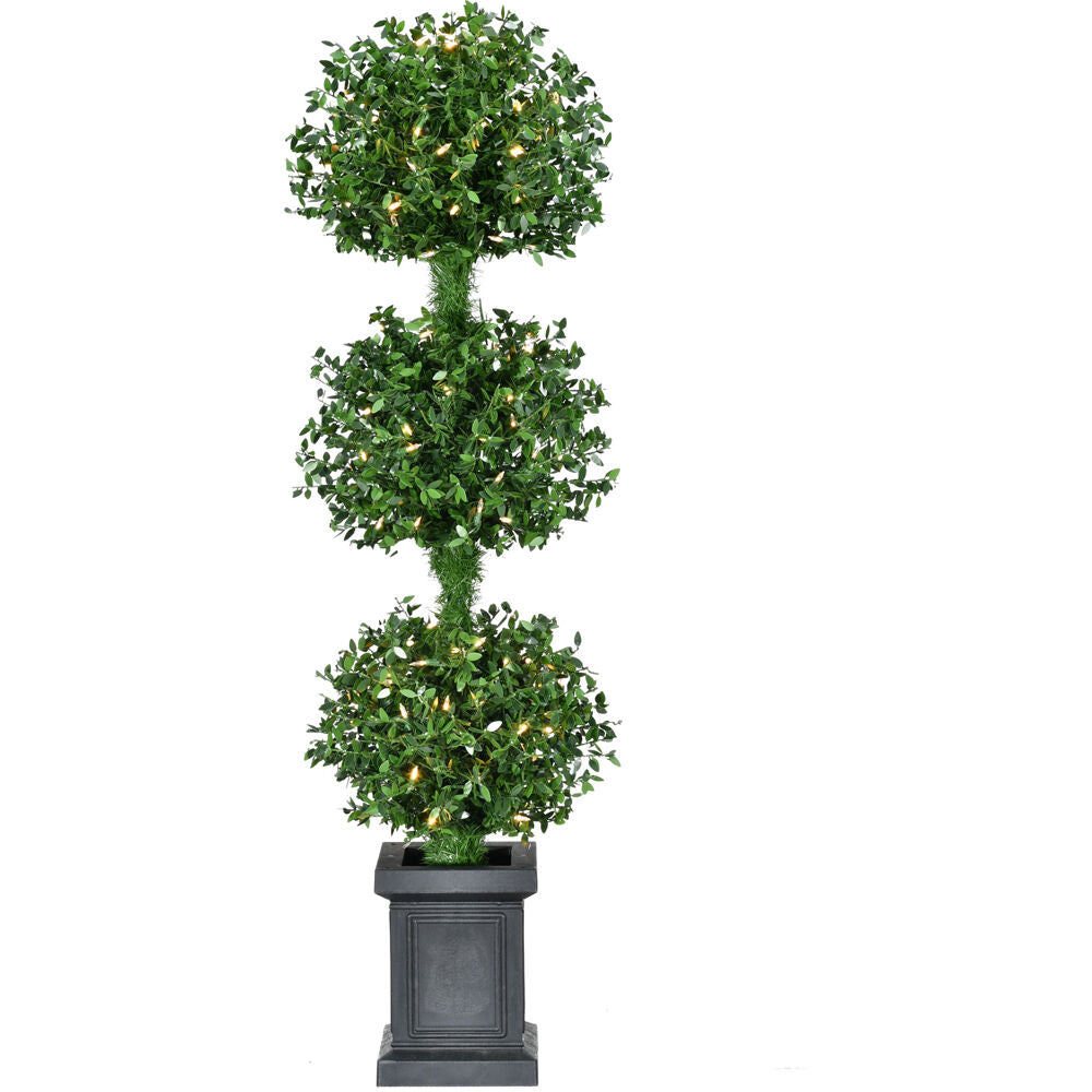 Fraser Hill Farm -  All Season 4-Ft. Boxwood 3-Ball Topiary with Black Pot and Warm White LED Lights